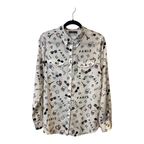 Karl Lagerfeld French Streets Roll Sleeve Button Down Blouse White & Black Sz M - Picture 3 of 17